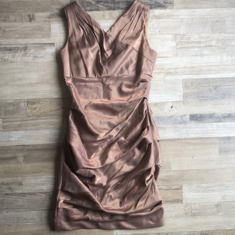 JS Collections Womens Bronze Metallic Midi Dress Festive Formal Cocktail Size 8